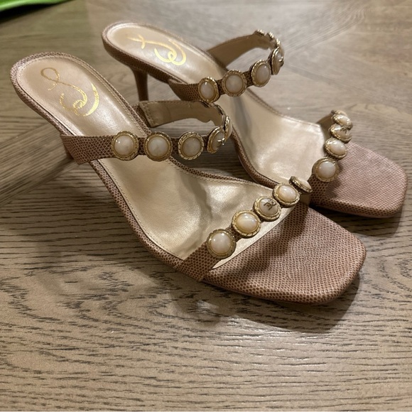 Sam Edelman Shoes - Sam Edelman Palma Kitten Heel Mule Slide Sandals Textured Pearl Beige Nude 9.5